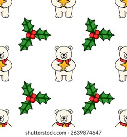 Seamless vector pattern featuring adorable polar bears holding golden stars and festive holly sprigs, perfect for Christmas-themed designs.