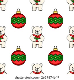 Seamless vector pattern featuring adorable polar bears in red scarves, each holding a festive red and green Christmas bauble, creating a charming winter holiday design.