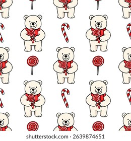 Seamless vector pattern featuring adorable polar bears holding lollipops, adorned with red scarves, and interspersed with candy canes, creating a charming Christmas-themed design.