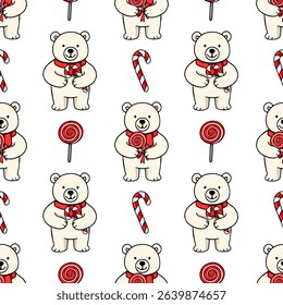 Seamless vector pattern featuring adorable polar bears in red scarves, holding lollipops and candy canes, creating a cheerful and festive winter design.