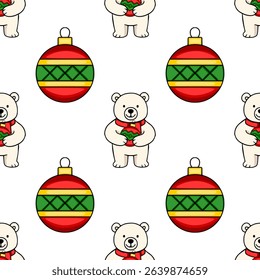 Seamless vector pattern featuring adorable polar bears holding Christmas ornaments, creating a charming and festive winter design ideal for holiday-themed projects.