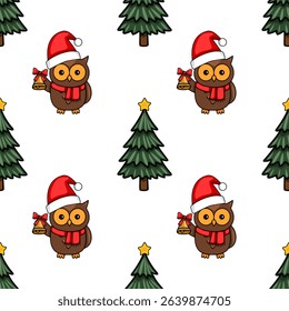 Seamless vector pattern featuring adorable cartoon owls in Santa hats holding bells, interspersed with charming Christmas trees, creating a festive and whimsical winter design.