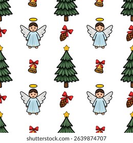 Seamless vector pattern featuring adorable angels, Christmas trees, bells, pine cones, and bows, perfect for festive designs and winter holidays.