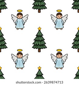 Seamless vector pattern featuring adorable cartoon angels with light blue robes and golden haloes, interspersed with charming green Christmas trees adorned with yellow stars.