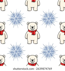 Seamless vector pattern featuring adorable polar bears wearing red scarves amidst stylized snowflakes, creating a charming winter wonderland design.