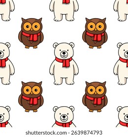 Seamless vector pattern featuring adorable cartoon polar bears and owls wearing red scarves, perfect for winter-themed designs and holiday projects.