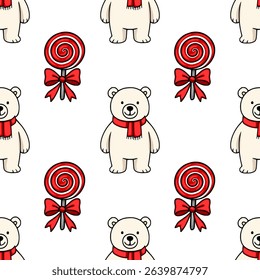 Seamless vector pattern featuring adorable polar bears in red scarves and red swirl lollipops with bows, creating a cheerful and festive winter design.