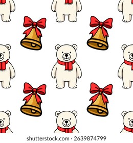 Seamless vector pattern featuring adorable polar bears wearing red scarves and golden bells with red bows, creating a charming Christmas design.
