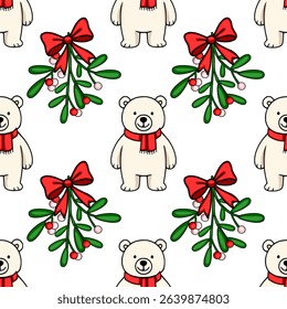 Seamless vector pattern featuring adorable polar bears in red scarves and festive mistletoe sprigs with red bows, creating a charming Christmas design.