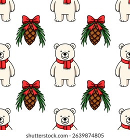 Seamless vector pattern featuring adorable polar bears wearing red scarves and decorated pine cones with red bows, creating a charming Christmas design.
