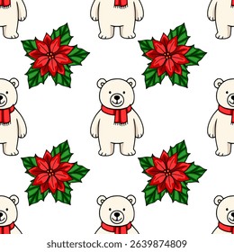 Seamless vector pattern featuring adorable polar bears wearing red scarves amidst vibrant poinsettia flowers, creating a cheerful Christmas design perfect for festive backgrounds and winter celebra...