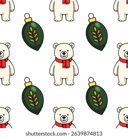 Seamless vector pattern featuring adorable polar bears wearing red scarves and elegant dark green Christmas ornaments with gold leaf details, perfect for winter holiday designs.