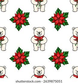 Seamless vector pattern featuring adorable polar bears wearing red scarves and holding mistletoe sprigs, interspersed with vibrant poinsettias, creating a charming Christmas design.