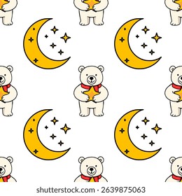 Seamless vector pattern featuring adorable polar bears in red scarves holding golden stars, accompanied by crescent moons and sparkling stars, creating a charming and whimsical night sky design.