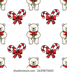 Seamless vector pattern featuring adorable polar bears holding mistletoe sprigs and candy canes tied with red bows, creating a charming Christmas design.