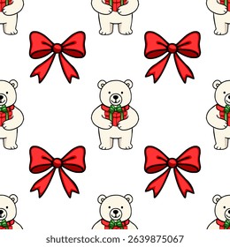 Seamless vector pattern featuring adorable polar bears holding red gifts and festive red bows, perfect for Christmas or winter holiday designs.