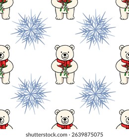 Seamless vector pattern featuring adorable polar bears in red scarves holding mistletoe sprigs, interspersed with delicate blue snowflakes on a white background, perfect for festive winter designs.