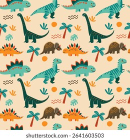 seamless vector pattern featuring adorable cartoon dinosaurs (long-neck, triceratops, stegosaurus, T-Rex) and palm trees. Perfect for children's textiles, nursery decor, and playful designs