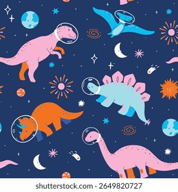 Seamless vector pattern featuring adorable cartoon dinosaurs exploring outer space. illustration, vector colorful dinosaurs like T-Rex, Stegosaurus, Triceratops, Brachiosaurus, and Pterodactyl wearing