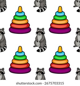 Seamless vector pattern featuring adorable cartoon raccoons and colorful stacking rings, perfect for childrens textile design or playful backgrounds.