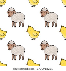Seamless vector pattern featuring adorable cartoon sheep and chicks on a white background, perfect for Easter and spring themes.