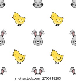 Seamless vector pattern featuring adorable cartoon Easter bunnies and chicks on a clean white background, perfect for festive designs.