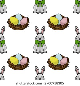 Seamless vector pattern featuring adorable grey bunnies with green bows and nests filled with pastel Easter eggs.