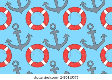 Seamless vector pattern featuring anchors and lifebuoys on a light blue background. Ideal for nautical and summertime designs.