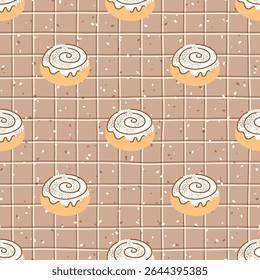 Seamless vector pattern featuring autumn Cinnabon. Cozy dessert design ideal for textiles, wrapping paper, and childrens clothing.