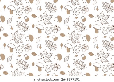 Seamless vector pattern featuring autumn leaves, acorns, and mushrooms in a muted color palette. Perfect for seasonal designs, textiles, or backgrounds in a cozy, autumnal theme.