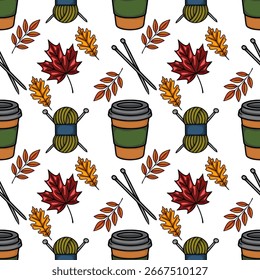 Padrão de vetor sem costura com folhas de outono, copos de café, bolas de fio e agulhas de tricô, criando um design acolhedor e outono perfeito para impressões têxteis ou projetos temáticos de queda.