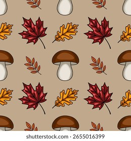 Padrão de vetor sem costura com cogumelos outonais, folhas de bordo e carvalho e galhos em um fundo de taupe, ideal para projetos com tema de queda.