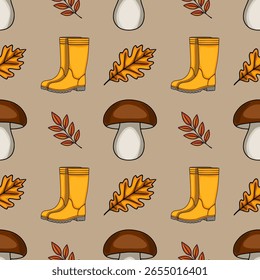 Padrão de vetor sem emenda com elementos outonais: botas de borracha amarelas, cogumelos marrons, folhas de carvalho e galhos vermelho-alaranjados, criando um design de queda charmoso e rústico.