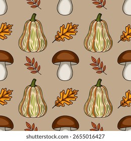 Padrão de vetor sem costura com abóbora de outono, cogumelos e folhas de carvalho em um estilo desenhado à mão, perfeito para projetos com tema de queda.