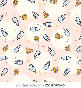 Seamless vector pattern featuring baby bottles and pacifiers on a soft background. Ideal for baby products, nursery decor, and children’s apparel. 