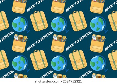 Seamless vector pattern featuring backpacks, globes, and school supplies. Ideal for back-to-school projects, wrapping paper, and education designs.