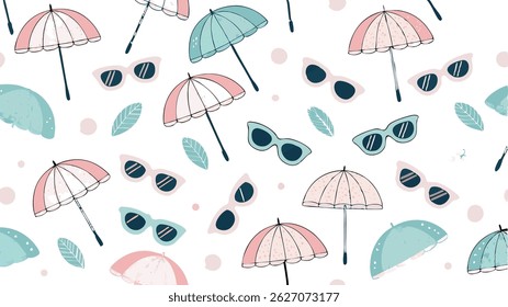 Seamless vector pattern featuring beach umbrellas and sun, ideal for summer designs.