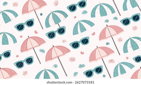Seamless vector pattern featuring beach umbrellas and a sun, ideal for summer designs and backgrounds.