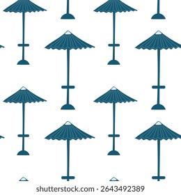 Seamless vector pattern featuring beach umbrellas in a repetitive design suitable for summer-themed projects