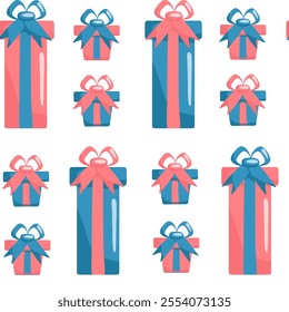 A seamless vector pattern featuring beautifully wrapped gift boxes in various colors and designs. Suitable for Christmas, New Year, birthdays, and all kinds of celebrations. Perfect for wrapping paper