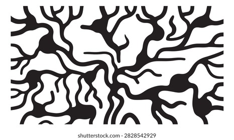 Seamless vector pattern featuring black organic nerve cell shapes and branching dendrites for medical science and biotechnology design backgrounds