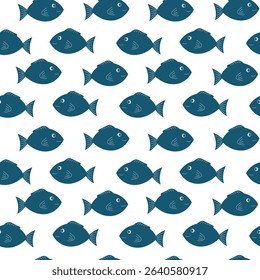 Seamless vector pattern featuring blue fish swimming across a white background for creative design applications