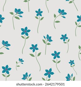 Seamless vector pattern featuring blue minimalist flowers with green stems and white background. perfect for fabric, wallpaper, and stationery design.
