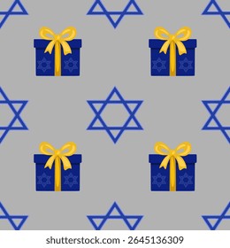 Padrão de vetor sem costura com caixas de presente azuis com arcos amarelos e símbolos da estrela de David, perfeito para Hanukkah ou projetos de feriados judeus.
