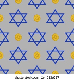 Padrão de vetor sem emenda com a Estrela azul de símbolos de David e moedas douradas de gelt de Chanucá em um fundo cinza, ideal para desenhos festivos de férias.