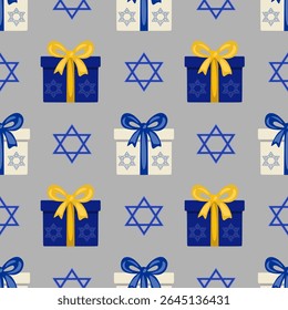 Seamless vector pattern featuring blue and beige gift boxes with Star of David symbols and yellow and blue bows, ideal for Hanukkah or Jewish holiday celebrations.