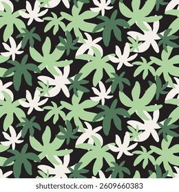 A seamless vector pattern featuring bold, tropical palm leaves in various shades of green and white on a solid black background. The abstract botanical design is ideal for  tropical-themed projects