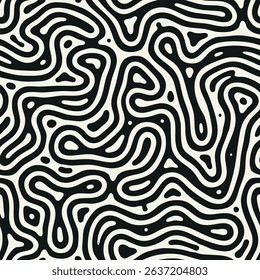 Seamless vector pattern featuring bold abstract texture with fluid monochrome elements. A creative background with wavy blots and decorative labyrinth-inspired design.