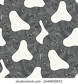 Seamless vector pattern featuring bold concentric stripes. Abstract texture with fluid monochrome elements. A creative background with wavy blots and decorative labyrinth-inspired design.