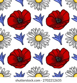 Seamless vector pattern featuring bold red poppies, delicate white daisies, and vibrant blue cornflowers on a clean white background, creating a charming floral arrangement.